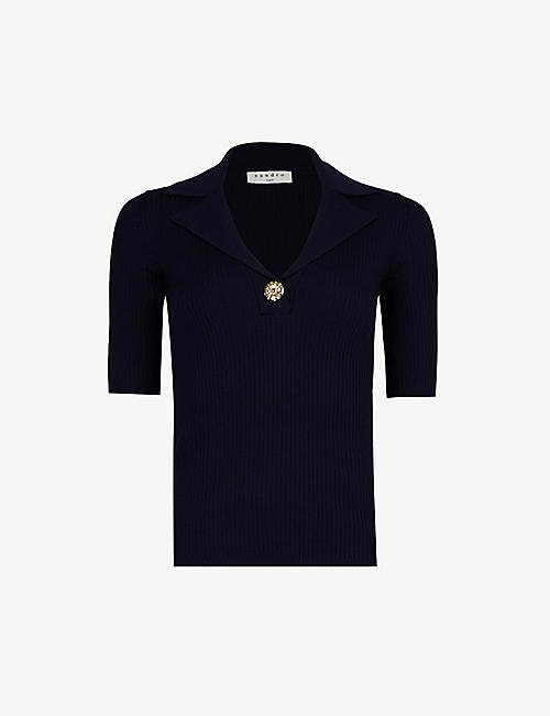SANDRO: Jam notched-collar ribbed knitted top