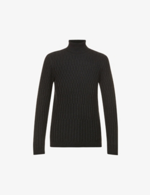 Hugo Patterned Turtleneck Wool And Cotton-blend Jumper In Dark Grey