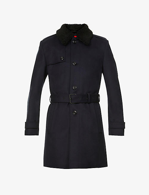 HUGO: Faux-shearling collar wool-blend coat