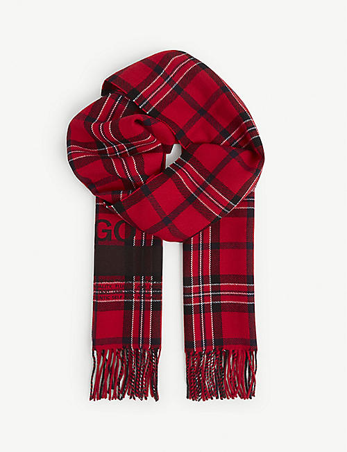 HUGO: Tartan-pattern tasselled wool-blend scarf