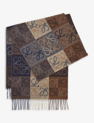 Loewe Anagram Wool And Cashmere-blend Scarf In Navy/brown