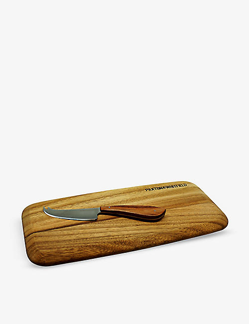 PAXTON & WHITFIELD: Grained wooden cheese board and knife set