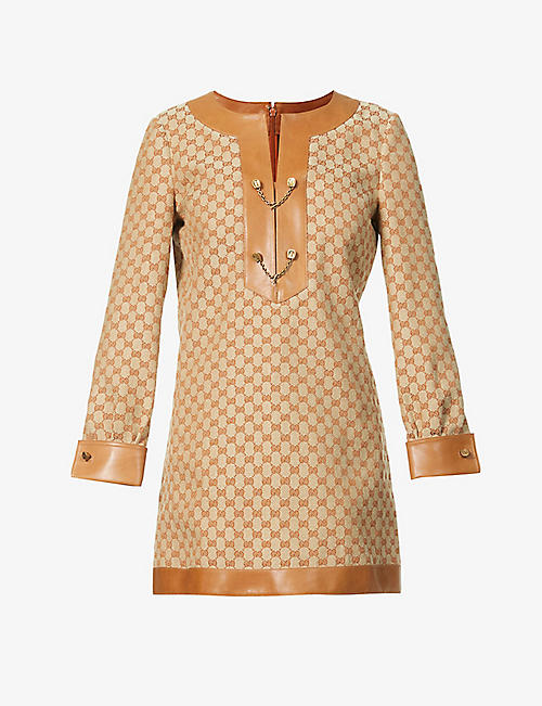 GUCCI: Brand-pattern round-neck linen-blend mini dress