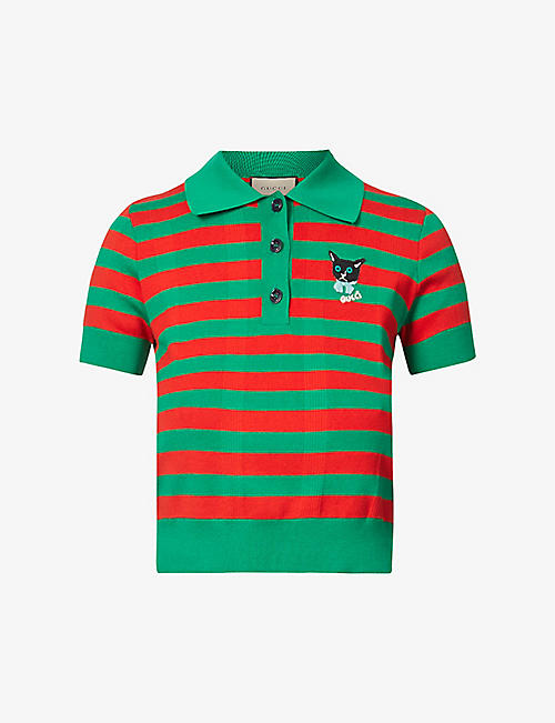GUCCI: Logo-embroidered cotton-knit polo top