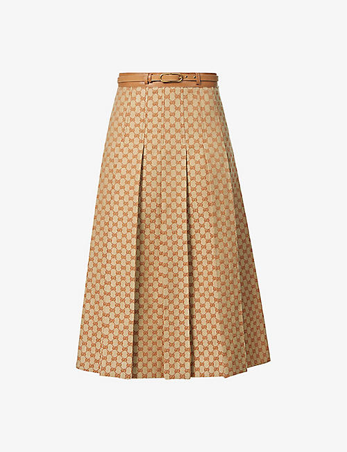 GUCCI: Logo-print high-waist linen-blend midi skirt