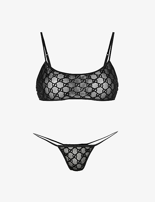 GUCCI: Logo-embroidered stretch-mesh lingerie set