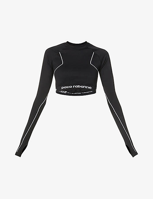 PACO RABANNE: Active logo-print stretch-woven crop top