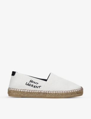 Shop Saint Laurent Women's White Logo-embroidered Canvas Espadrilles