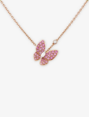 VAN CLEEF & ARPELS: Two Butterfly small 18ct rose- and white-gold, 0.15ct mixed-cut diamond and 0.88ct brilliant-cut sapphire necklace