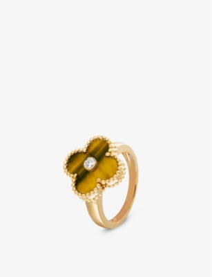 VAN CLEEF & ARPELS: Vintage Alhambra yellow gold, tiger’s eye and 0.06ct round-cut diamond ring
