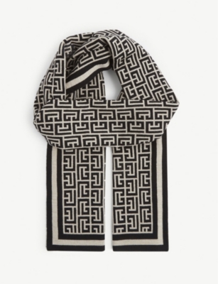 Wool scarf with large Balmain monogram black - Women