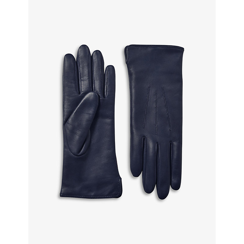 Aspinal Of London Womens Navy Cashmere And Wool-blend Lined Leather Gloves
