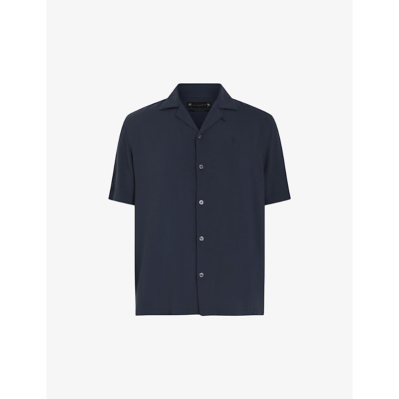 Allsaints Mens Night Sky Blue Venice Relaxed-fit Short-sleeved Woven Shirt