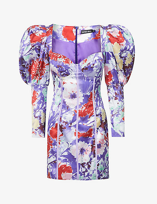 LAVISH ALICE: Puff-sleeve floral-print satin-crepe mini dress