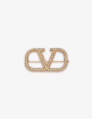 Valentino Garavani Vlogo Crystal-embellished Brass Brooch In Oro Crystal Silver Shade