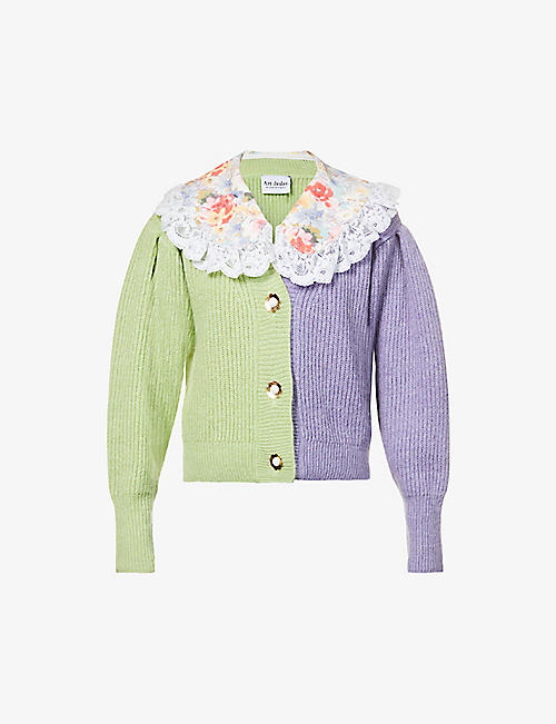 ART DEALER: Two-toned floral-print collared knitted cardigan