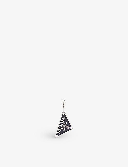 PRADA: Left logo-print sterling-silver hoop earrings