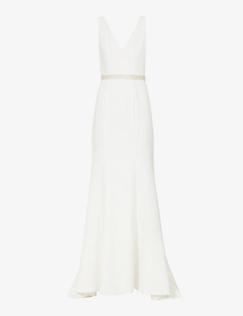 CHI CHI LONDON: Sleeveless embellished-waist stretch-crepe wedding dress