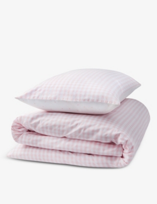 The Little White Company Pink Reversible Gingham-print Cotton Linen Double Bed Set