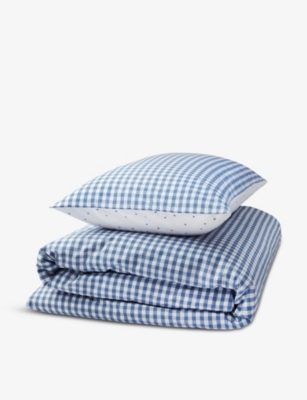 The Little White Company Blue Gingham Single Cotton Bed Sheet Set Single