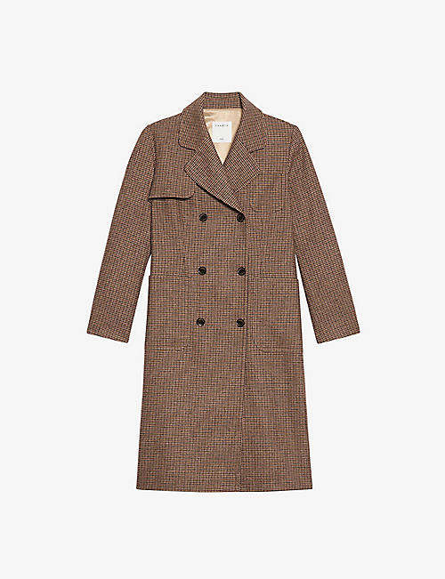 SANDRO: Checked double-breasted wool-blend coat