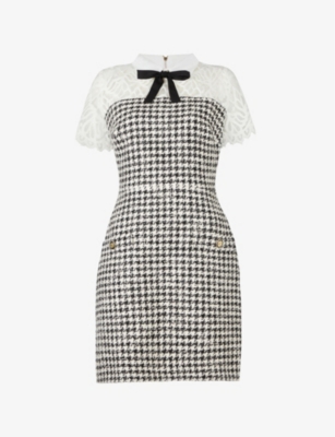 Houndstooth tweed and lace mini dress