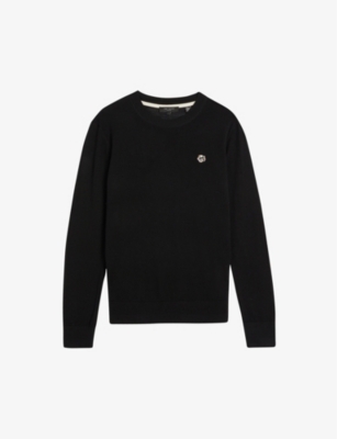 Flower-embroidered crewneck wool sweater