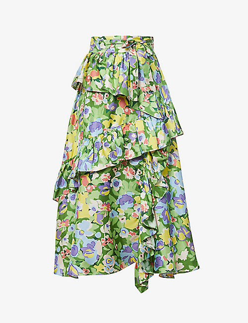 TED BAKER: Floral-print ruffle silk midi skirt