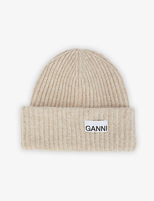 GANNI: Logo-patch recycled wool-blend beanie hat