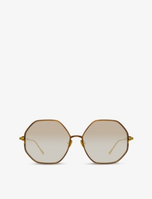 LINDA FARROW: Leif 22ct yellow gold-plated titanium and lacquer hexagonal-frame sunglasses