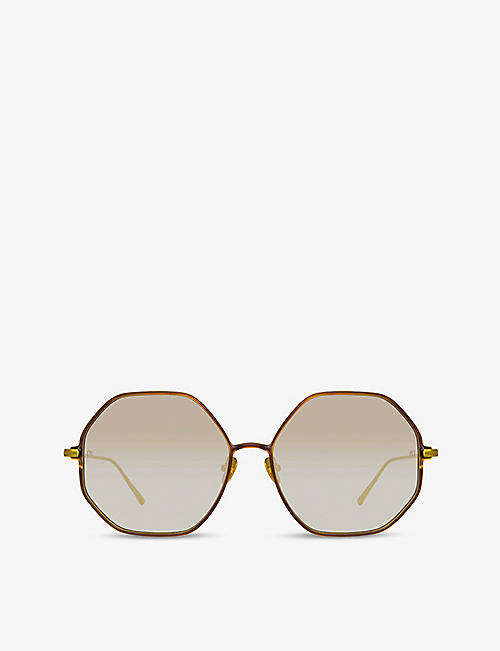 LINDA FARROW: Leif 22ct yellow gold-plated titanium and lacquer hexagonal-frame sunglasses