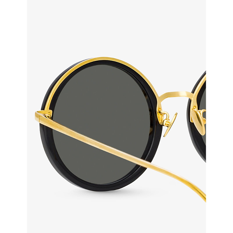 Shop Linda Farrow Women's Black/ Yellow Gold Tracy Round-frame Acetate And Titanium Sunglasses