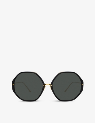 LINDA FARROW: Alona hexagonal-frame acetate and 22ct gold-plated titanium sunglasses