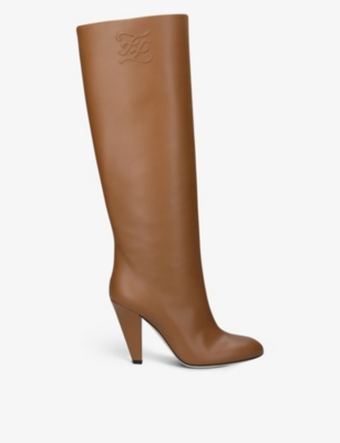 Fendi Womens Tan Show Logo-embossed Leather Knee-high Boots Eur 39 / 6 Uk In Brown