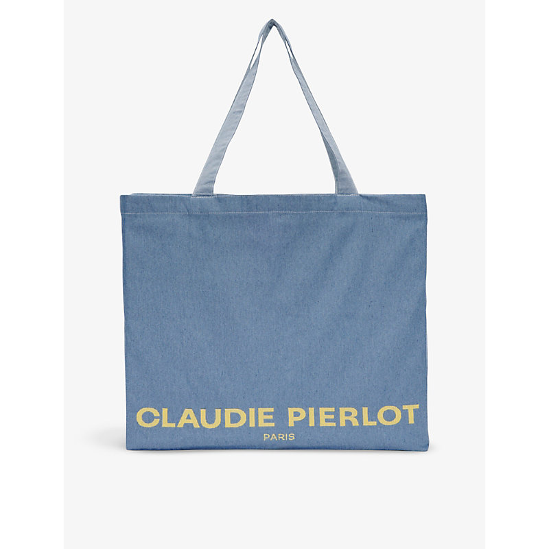 Shop Claudie Pierlot Womens Bleus Logo-print Oversized Recycled Cotton-blend Tote Bag