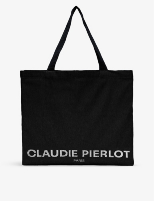 Shop Claudie Pierlot Womens Noir / Gris Logo-print Oversized Recycled Cotton-blend Tote Bag