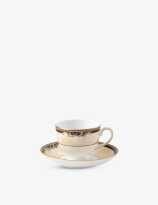 WEDGWOOD: Cornucopia 22ct yellow-gold trim bone-china teacup and saucer set