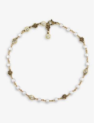 Shop Gucci Womens Yellow Gold Interlocking Gg Gold-toned Brass And Faux-pearl Bracelet