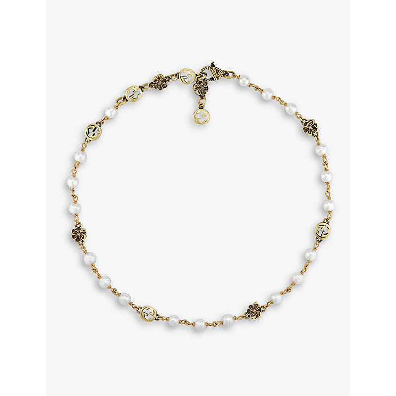 Shop Gucci Womens Yellow Gold Interlocking Gg Gold-toned Brass And Faux-pearl Bracelet