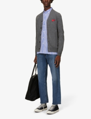 Shop Comme Des Garçons Play Comme Des Garcons Play Men's Grey Logo-embroidered V-neck Wool Cardigan