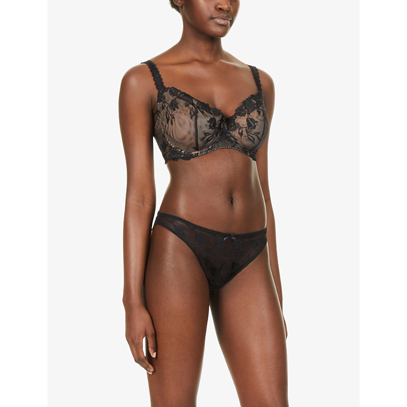 Shop Aubade Sofessence Floral-embroidered Stretch-mesh Half-cup Bra In Noir