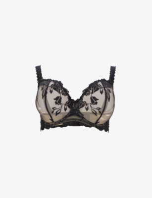 Aubade Sofessence Floral-embroidered Stretch-mesh Half-cup Bra In Noir