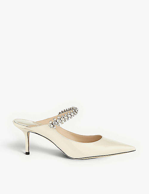 JIMMY CHOO: Bing 65 crystal-embellished patent-leather heeled mules