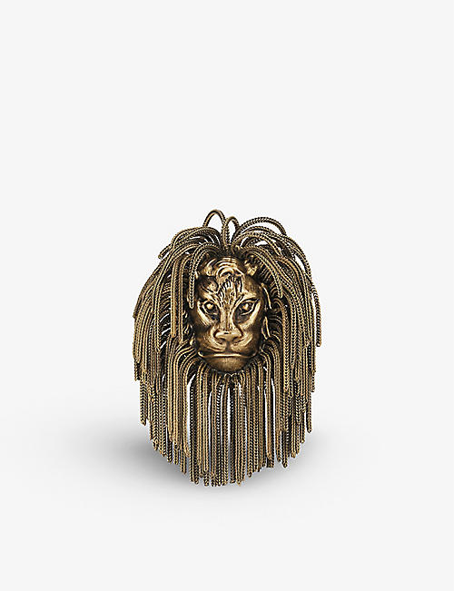 GUCCI: Lionhead fringed gold-toned brass brooch