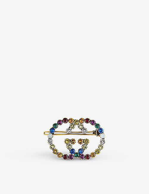 GUCCI: Double G gold-toned brass and gemstones brooch