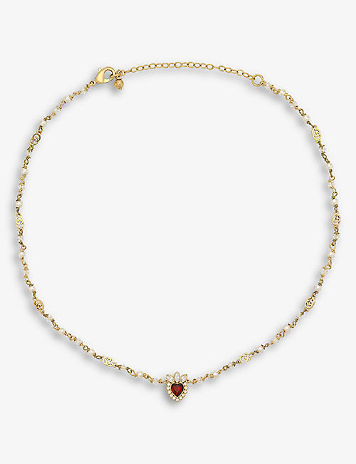 GUCCI: Heart-pendant gold-tone brass, crystal and glass necklace
