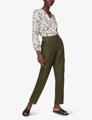 Whistles Barrel-leg Loose-fit Linen Trousers In Khaki/olive