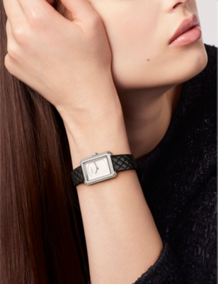 Pre-owned Chanel Black & Silver H6955 Boy·friend 0.37ct Diamond, Leather And Steel Quartz Watch