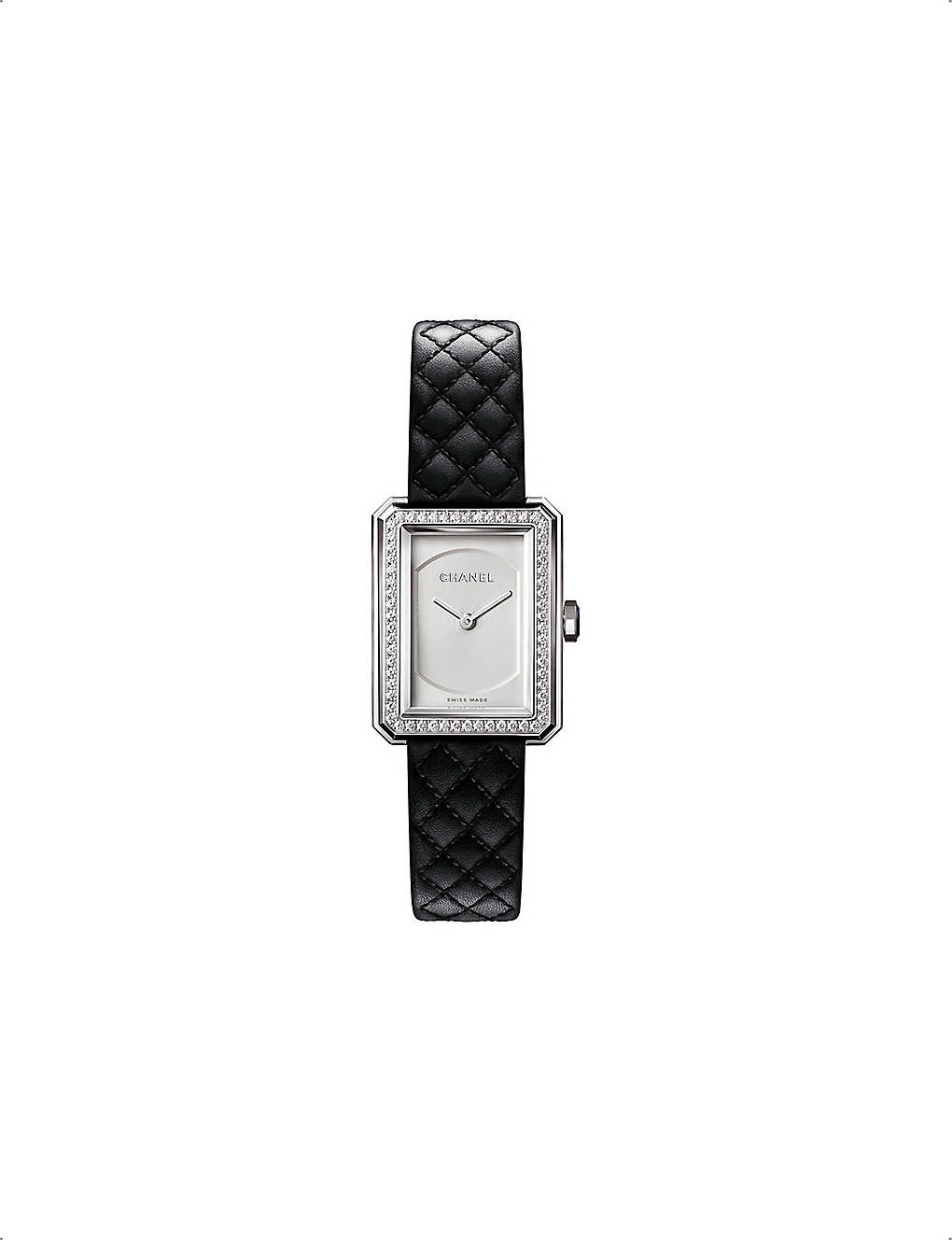 Pre-owned Chanel Womens Black & Silver H6955 Boy·friend 0.37ct Diamond, Leather And Steel Quartz Watch