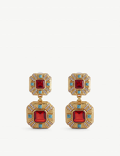 VALERE: Carrie 24ct yellow gold-plated brass, turquoise, citrine quartz and Swarovski crystal earrings